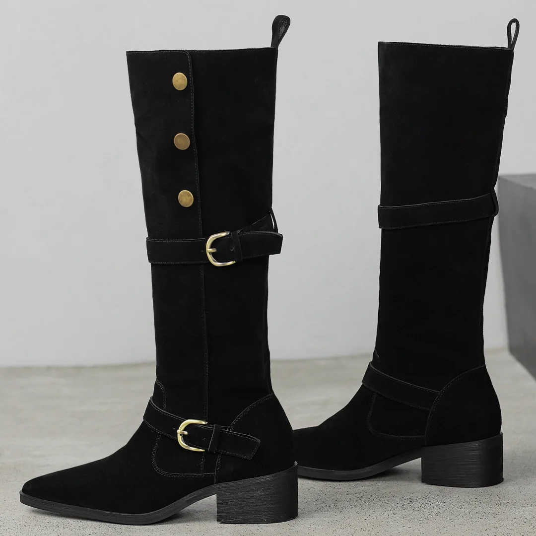 Pelle scamosciata naturale da donna 4,5 cm di spessore tacco medio punta a punta slip-on stivali da cavaliere autunnali stivali lunghi femminili casual scarpe punk
