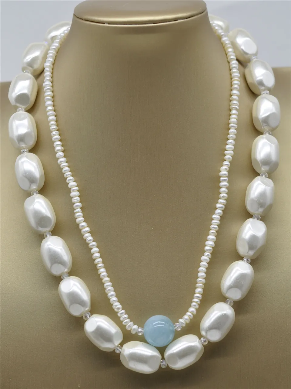 HABITOO 2 Strand White Freshwater Pearl Aquamarine Big Shell Pearls Necklace Jewelry Chains Necklace for Woman Choker Chain