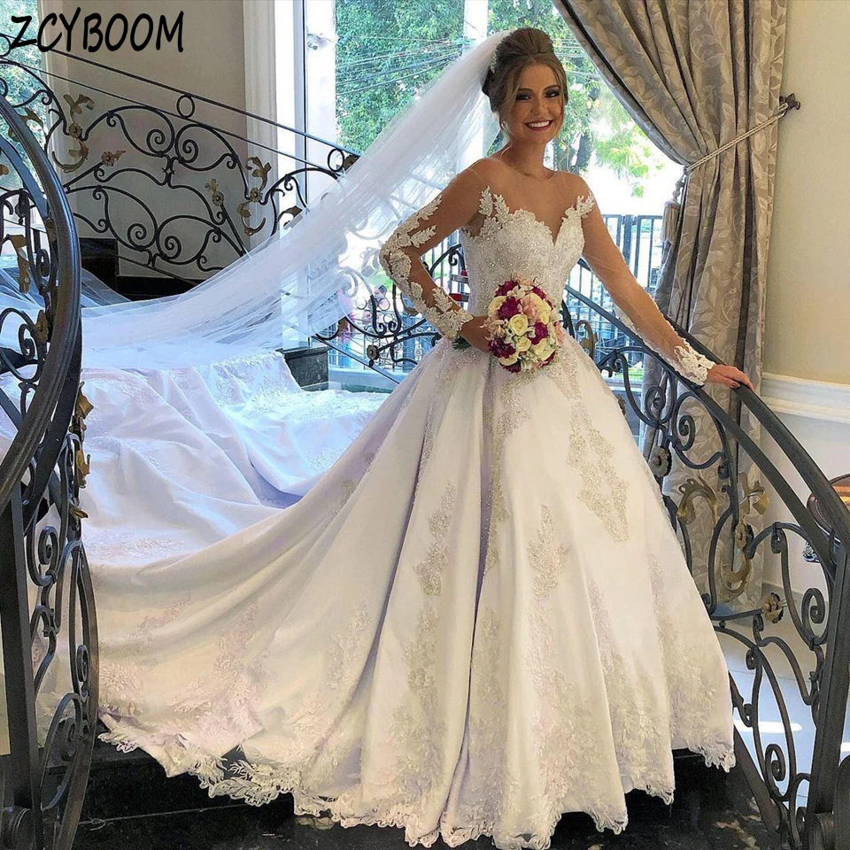 

Luxury O-Neck Sequin Appliques Long Sleeves White Princess Wedding Dress 2024 A-Line Floor Length Sweep Train Stain Bridal Gown