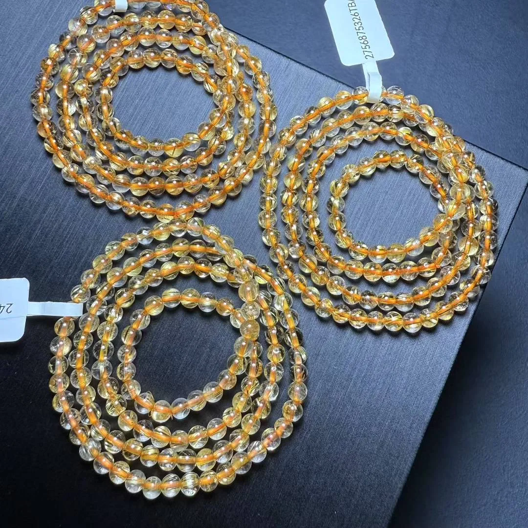 4.8MM Natural Gold Rutilated Quartz Triple Circle Bracelet Charm Crystal Healing Energy Gemstone Yoga Jewelry 1PCS