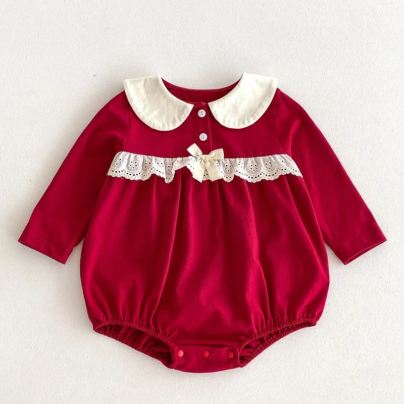 2024 New Autumn Christmas Newborn Baby Girls Bodysuits Long Sleeved Cotton Splicing Infant Baby Jumpsuit 0-24M Children Clothes