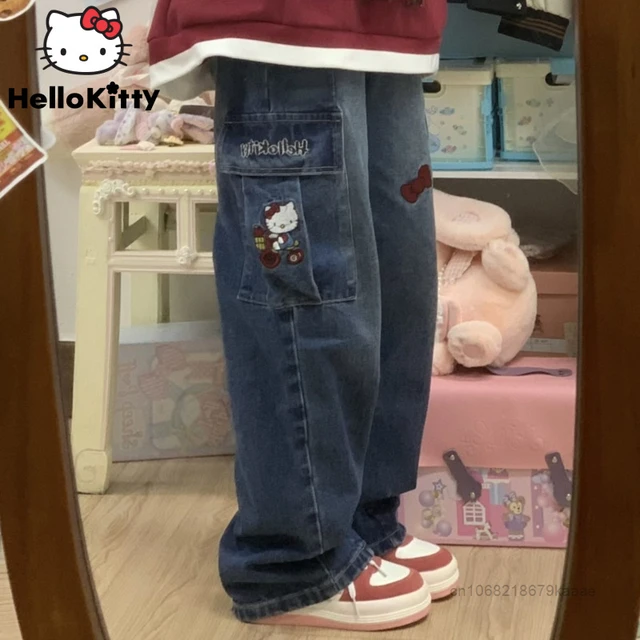 Sanrio Hello kitty high waist denim wide leg shops blue jeans printed 2X (16)