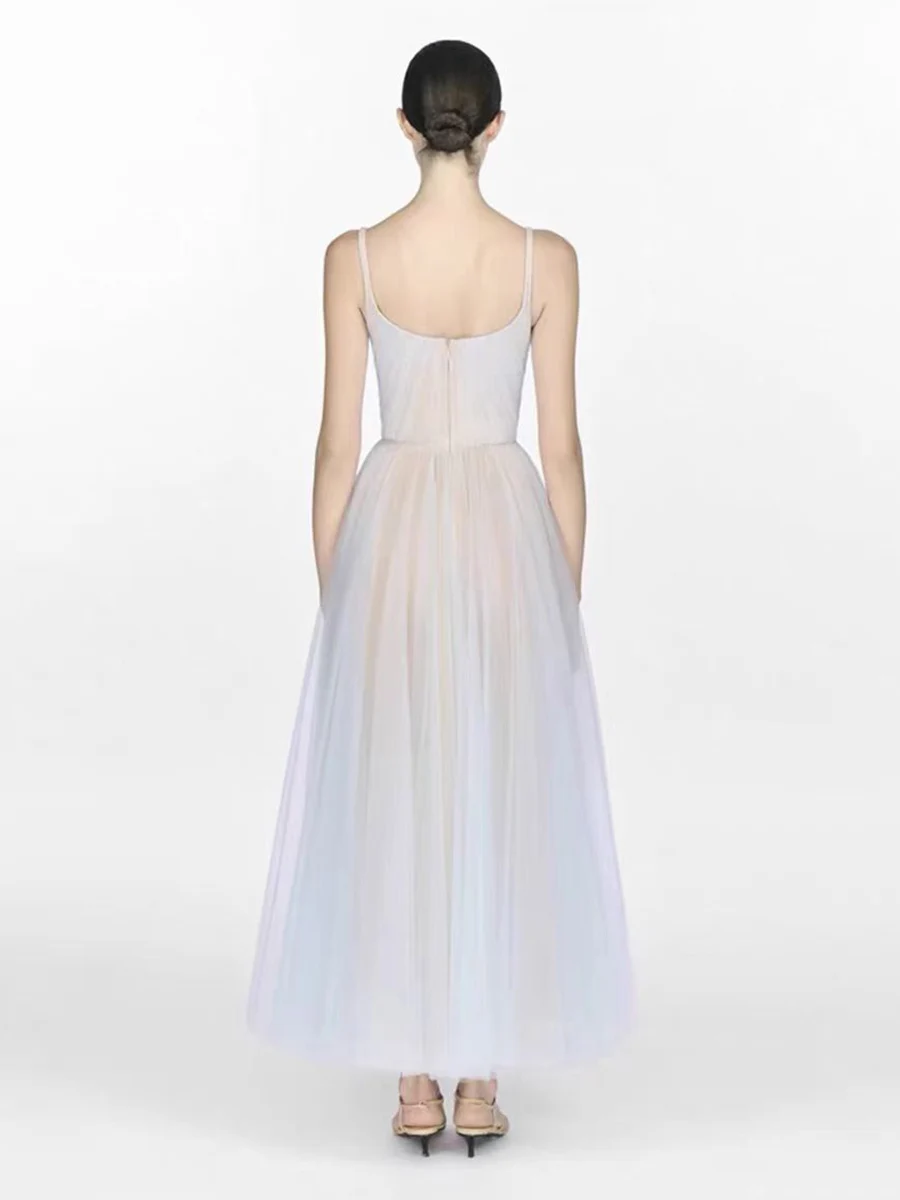 VGH Elegant Fresh Gradient Slimming Dresses For Women Square Collar Sleeveless High Waist Sweet Long Dress Female Fashion New