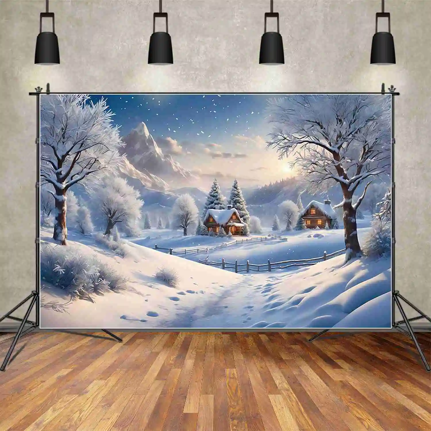 MOON.QG Snow Winter Christmas Village Background Pine Tree Houses Backdrop New Year Home Decoration Photography Studio Supplier