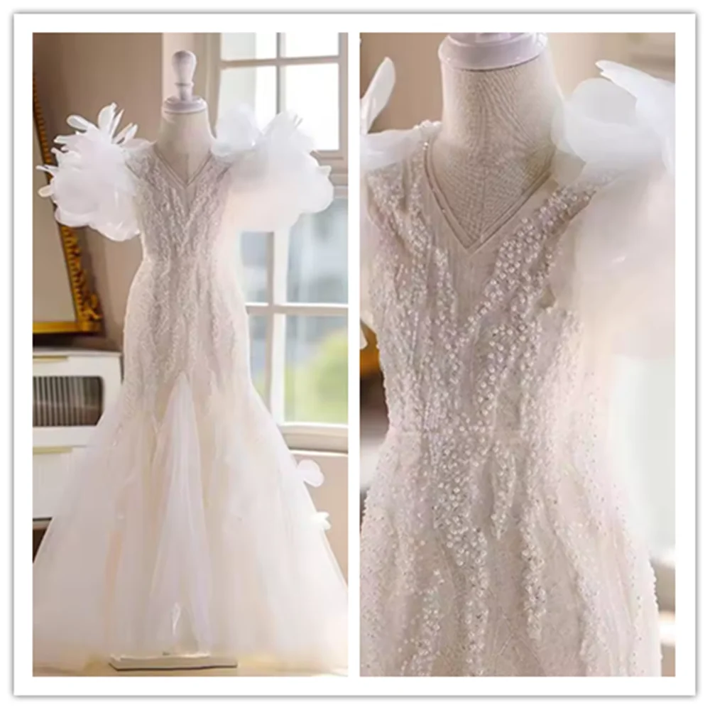 

Luxury White Mermaid Flower Girl Dresses Puffy Sleeve for Kids Wedding Birthday Pageant Communion Party Gown