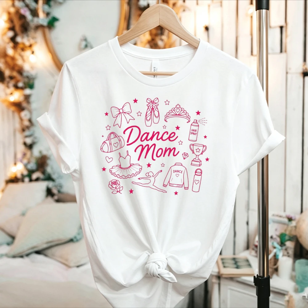 Women Dance Mom Graphic T‑Shirt Ballet Dancer Mother Short Sleeve Crew Neck Cotton Tee Cute Pink Dance Element Print Casual Tops