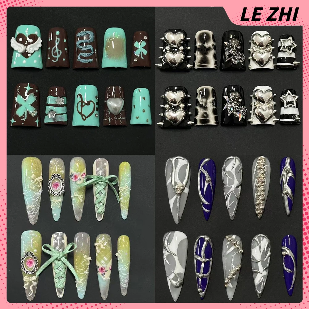 

10Pcs Y2K Spicy Girl Long Stiletto Dragon Claw Duck Bill Reusable Press On Nail Polka Point Wings Four-Leaf Clover Fake Nail
