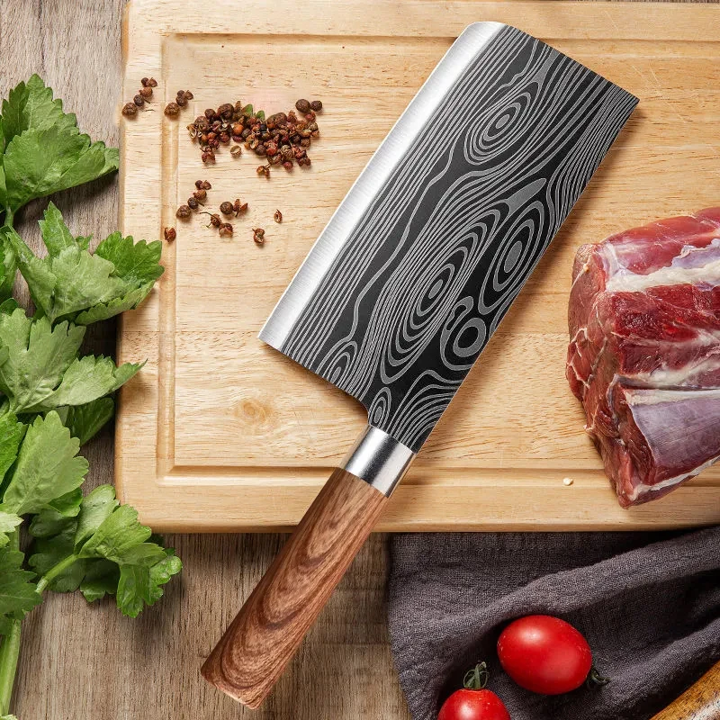 Laser Damascus Pattern Slicing Knife Sharp Stainless Steel Ladies' Household Kitchen Knife Meat Fish Vegetables Cutting Tools