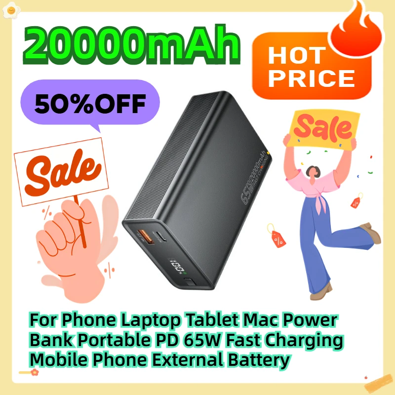 

20000mAh For Phone Laptop Tablet Mac Power Bank Portable PD 65W Fast Charging Mobile Phone External Battery