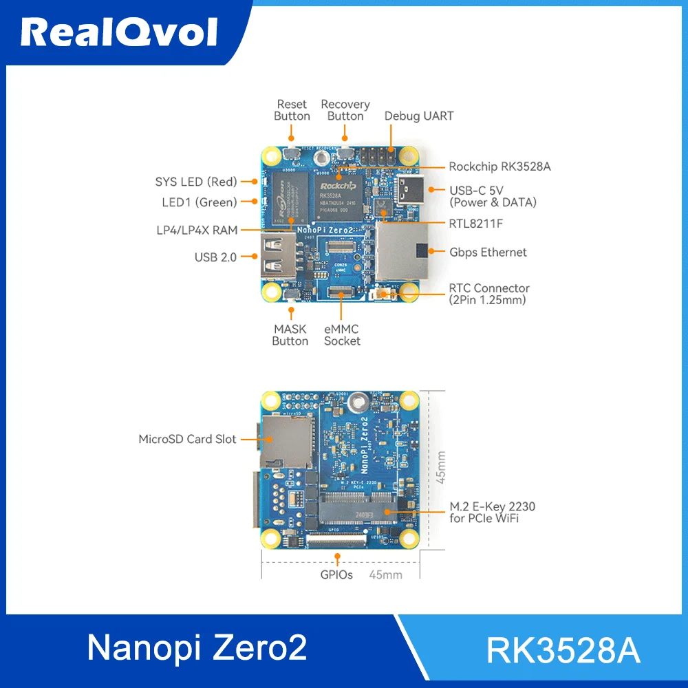 Imagem -06 - Realqvol Amigávelelec Nanopi Zero2 Mini Placa de Desenvolvimento Rk3528a gb Suporte para Expansão Emmc Wifi Porta Gigabit Ethernet