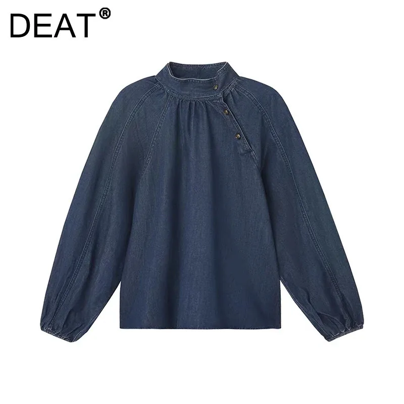 DEAT Women's Shirt Loose Stand Collar Diagonal Buttons Sdark Blue Elegant Raglan Sleeve Blouse Spring 2025 New Fashion 29L9248