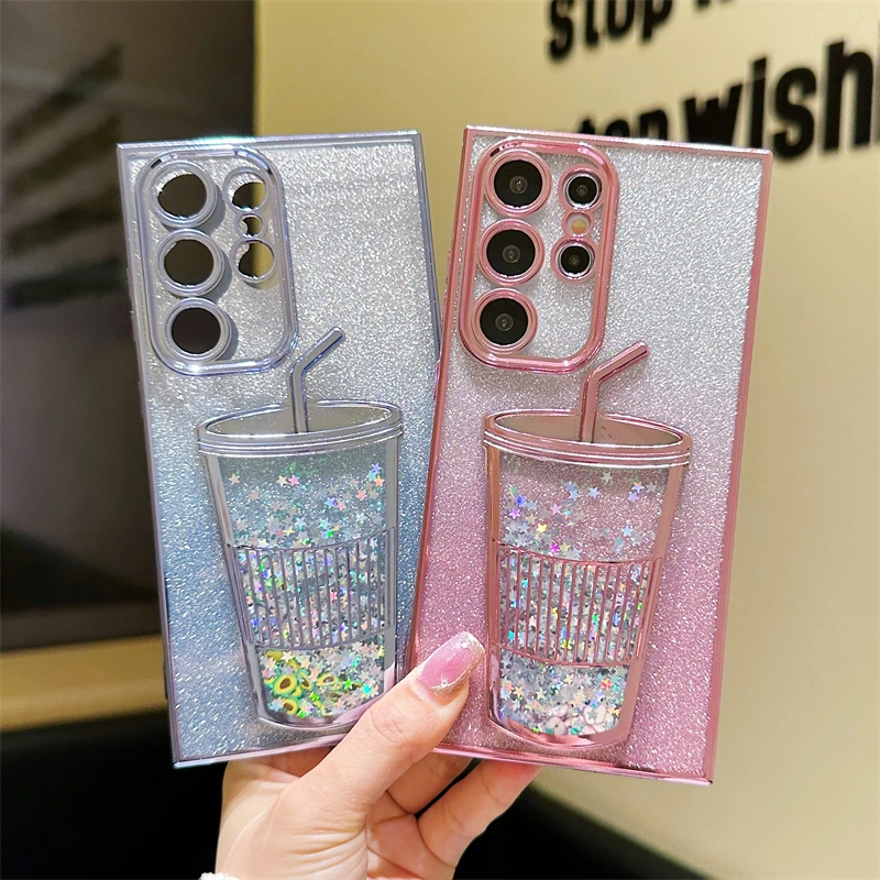 Gradient Glitter Case for Samsung S24 Ultra Luxury Quicksand Case for Samsung Galaxy S23 S22 Ultra Cute Straw Cup S24Ultra Cover