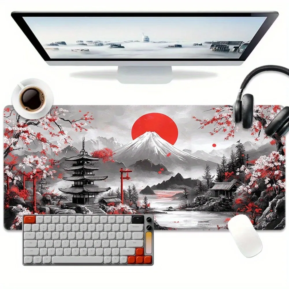 

Игровой коврик для мыши XXL с изображением японской сакуры и горы Фудзи, с нескользящей резиновой основой, увеличенный размер для офиса и дома
