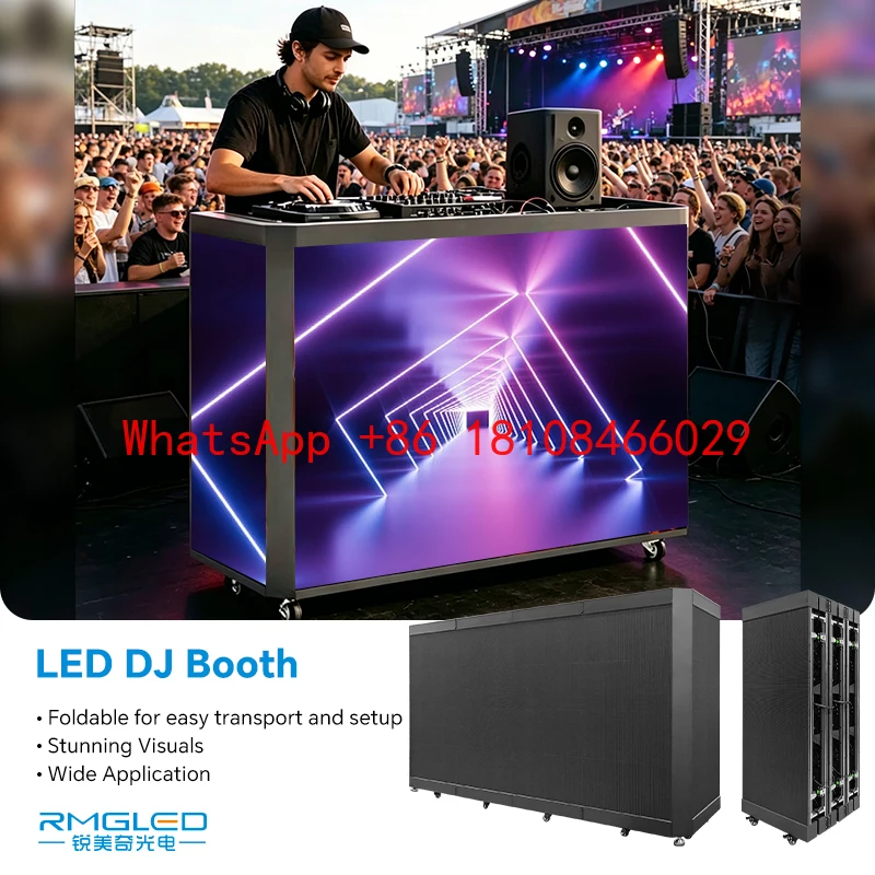 Cabina de DJ RMGLED, Estación de DJ Portátil con Pantalla LED, Mesa de Trabajo, Soporte para Pantalla de Video, Cabina para Discotecas y Bares