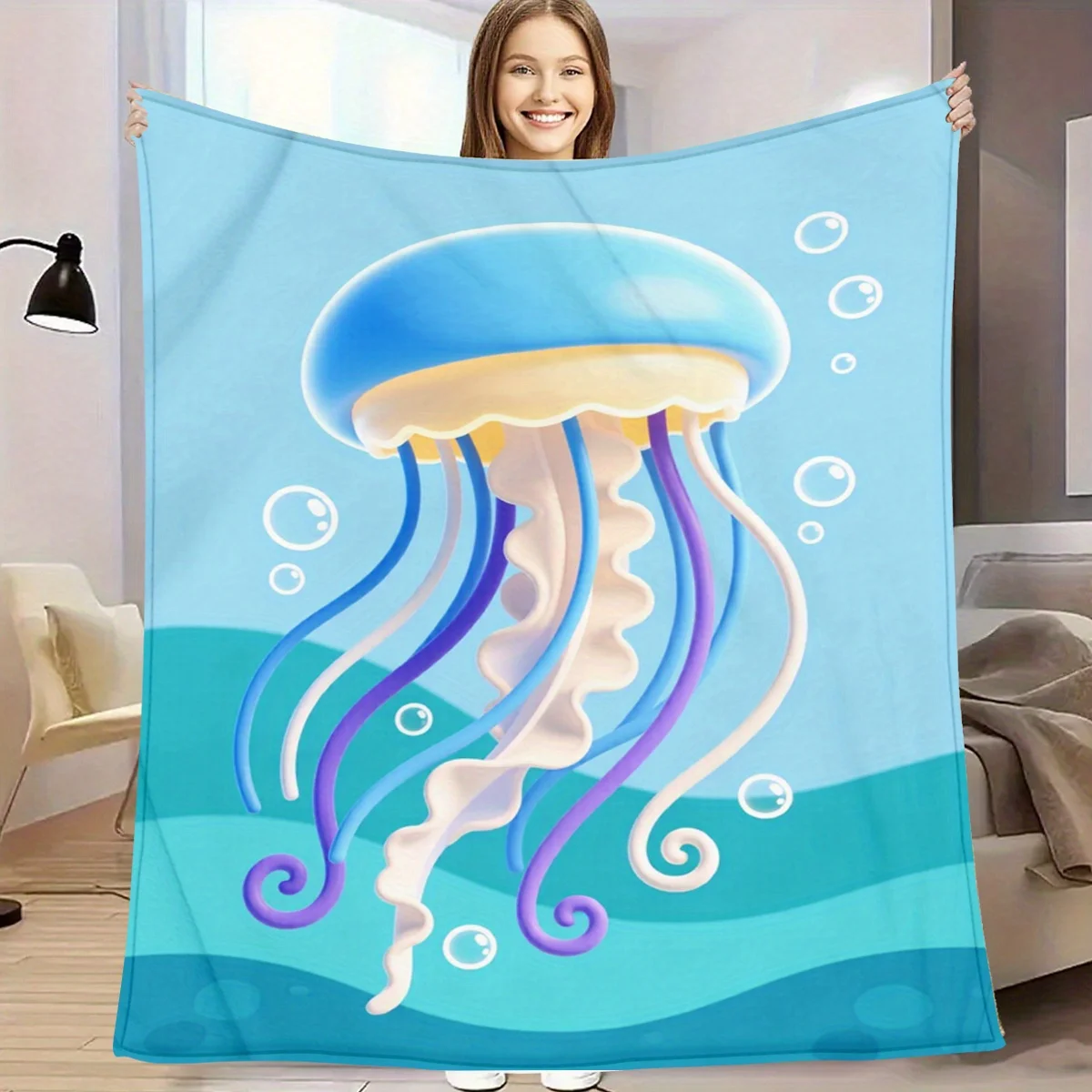 1pc Cartoon Jellyfish 2D Pattern Print Cute Blanket, Flannel Warm Soft Comfortable, Anniversary Birthday Holiday Gift, Ideal Gif