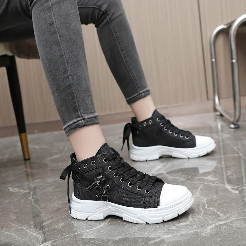 Trendy High Top Canvas Shoes 2024 Autumn New Design Sense Thick Sole Height Increase Anti Slip Versatile High Top Women\'s Shoes