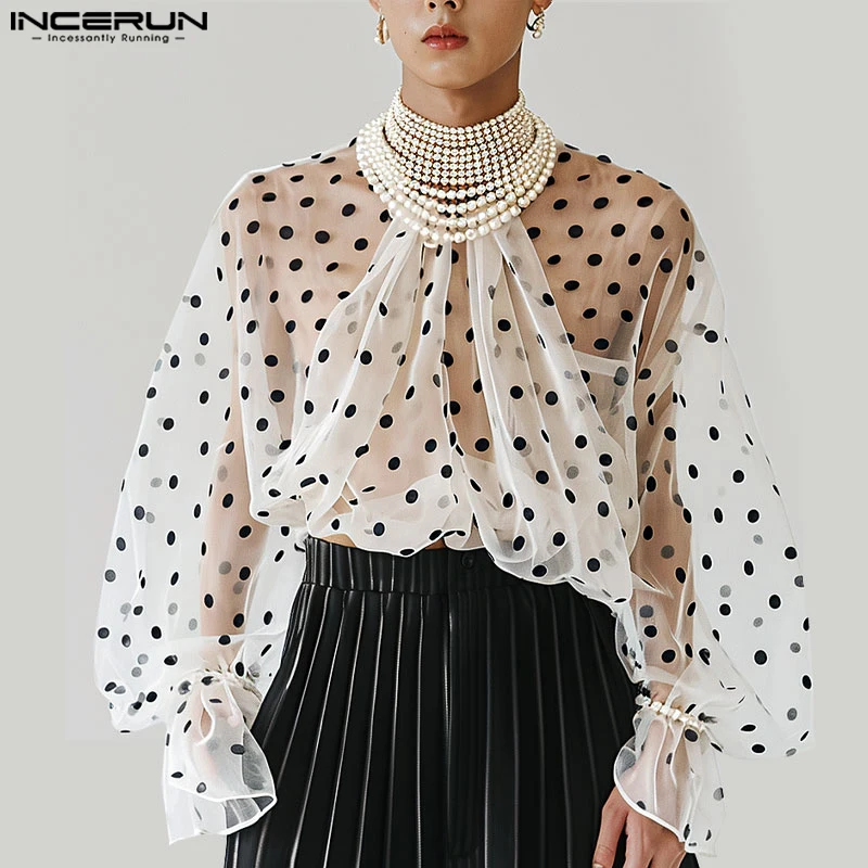 

INCERUN Men Shirt Polka Dot Printing O-neck Puff Long Sleeve Mesh Transparent Men Clothing Streetwear 2024 Fashion Unisex Shirts