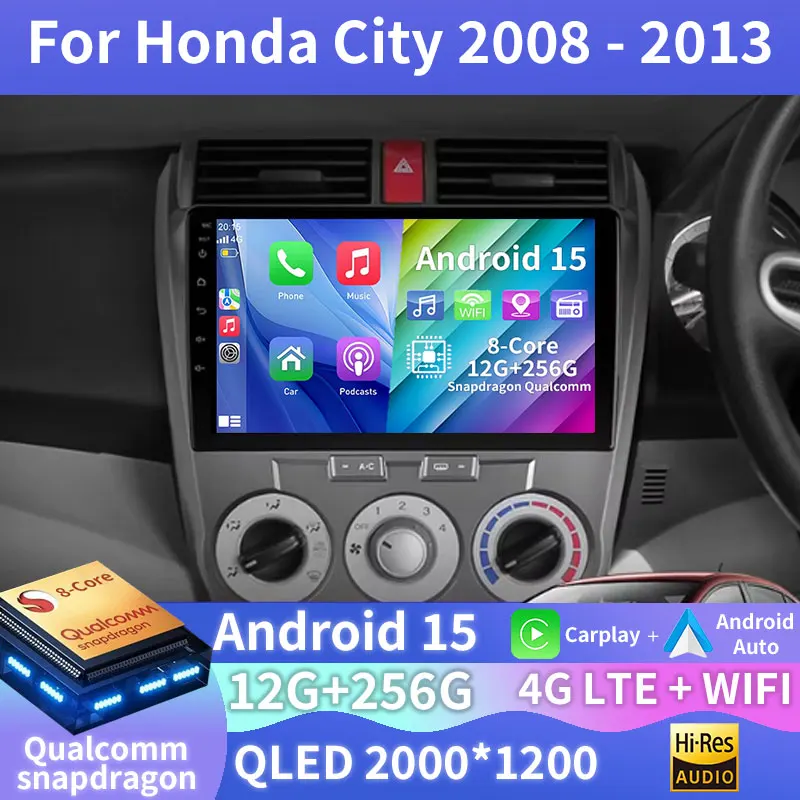 

Автомобильное радио Android 15 для Honda City 2008-2013 Мультимедийный стерео видеоплеер Головное устройство GPS NAVI 2DIN QLED Qualcomm BT 4G WIFI