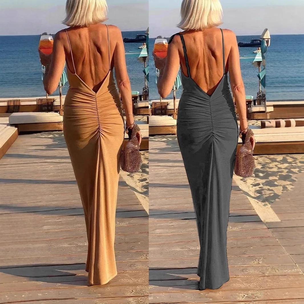 Vestido camisola con cuello Halter para mujer, vestido medio sexi con tirantes para vacaciones en la playa, vestido Midi ajustado con tirantes finos y espalda descubierta