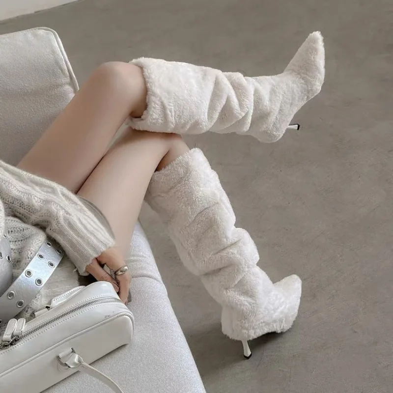 

Роскошные зимние длинные сапоги из искусственной овечьей шерсти, женские сапоги до колена на танкетке с острым носком, большие размеры, модные плюшевые сапоги с акулой Botas Mujer