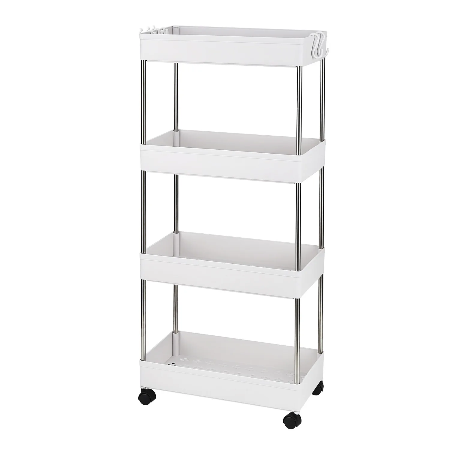 4-Layer Mobile Multi-functional Storage Cart,Suitable for Kitchen, Bathroom,Narrow Place, Plastic and Stainless Steel, White