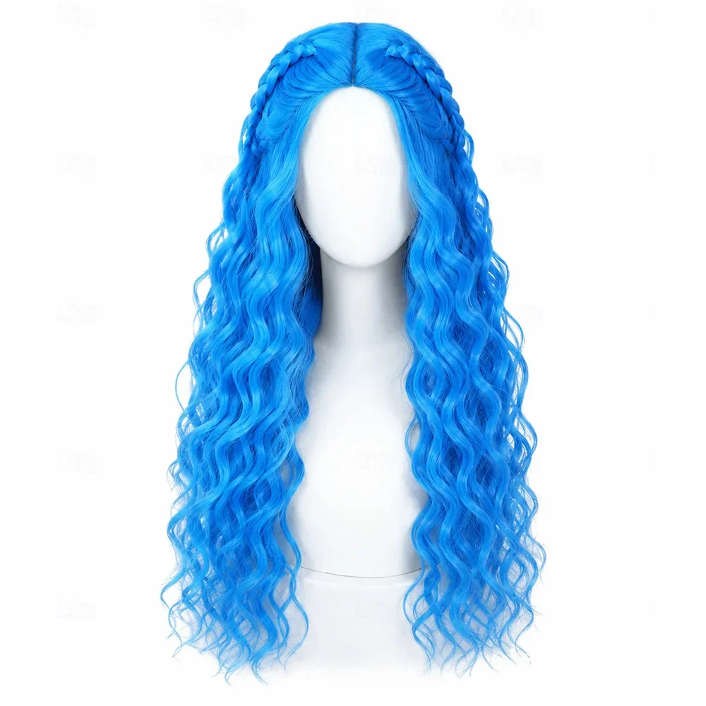 Synthetic Hair Long Wavy Blue Braided Wig Fantasy Villain Heir Princess Descendants Wicked Wonderland Cosplay Wig for Halloween