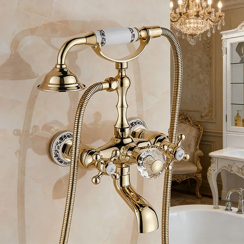 Luxury Golden Bathtub Faucet - Brass Bathroom Faucet with Rotating Spout & Shower, Brass Construction