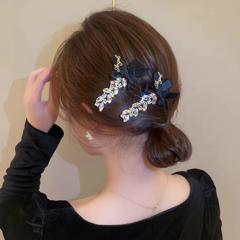Luxury Crystal Hair Clip Girls Korean Bow Letter Hair Clip Hairpin Side Clip Fashion Design Headwear Hair Accessories Gift