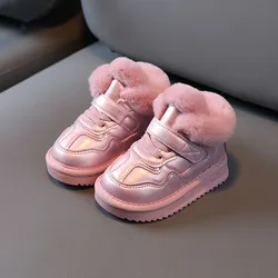 Botas femininas de neve de couro PU, sapatos de algodão quente antiescorregadio, veludo de sola macia, calçado de inverno macio para criança, luxuoso, inverno, 2022