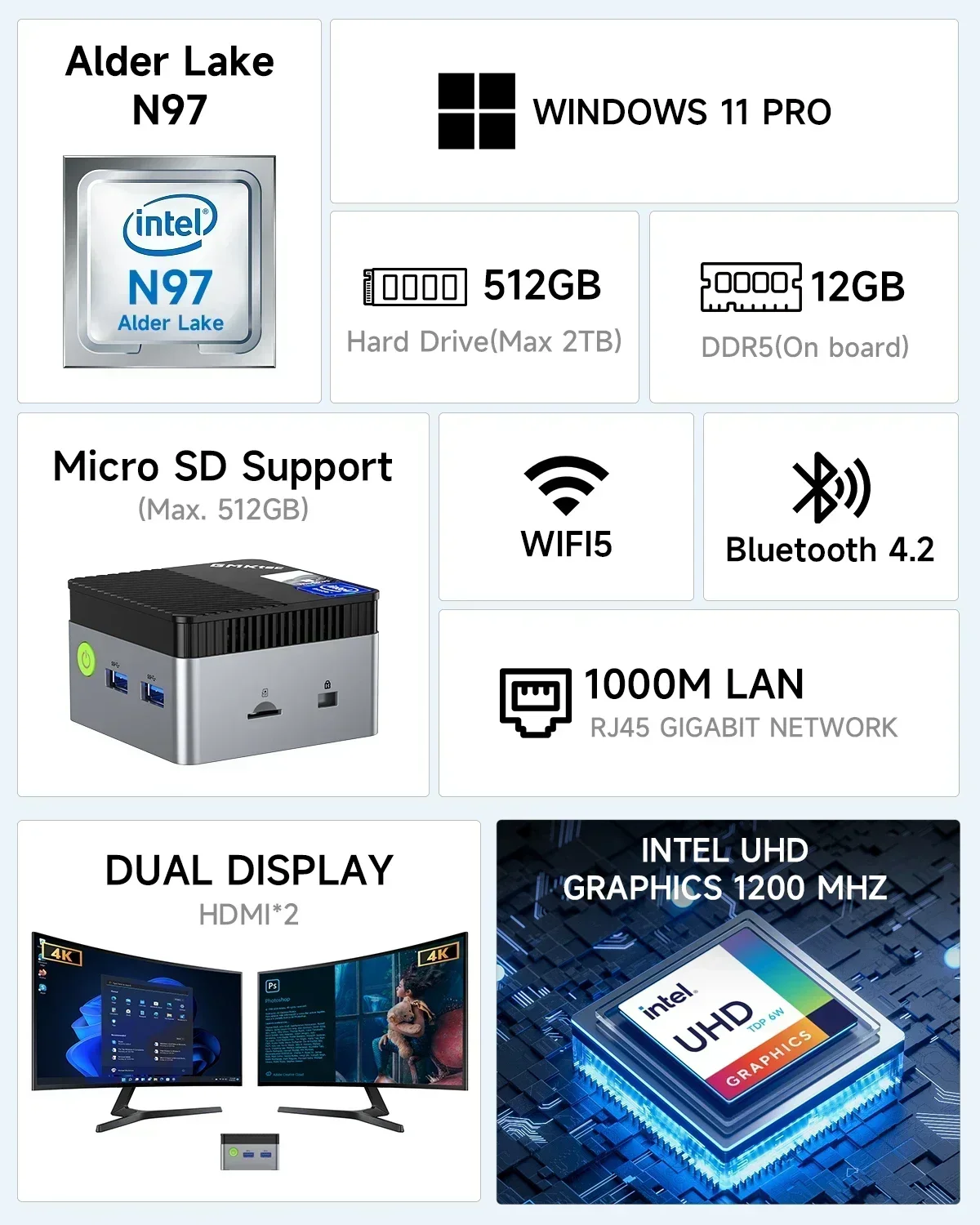 GMKtec G5 N97 Mini PC DDR5 4800Mhz 12GB 256GB NGFF SSD Windows 11 Pro WIFI5 BT4.2 1000M LAN Pocket Computer VS N100 Mini PC