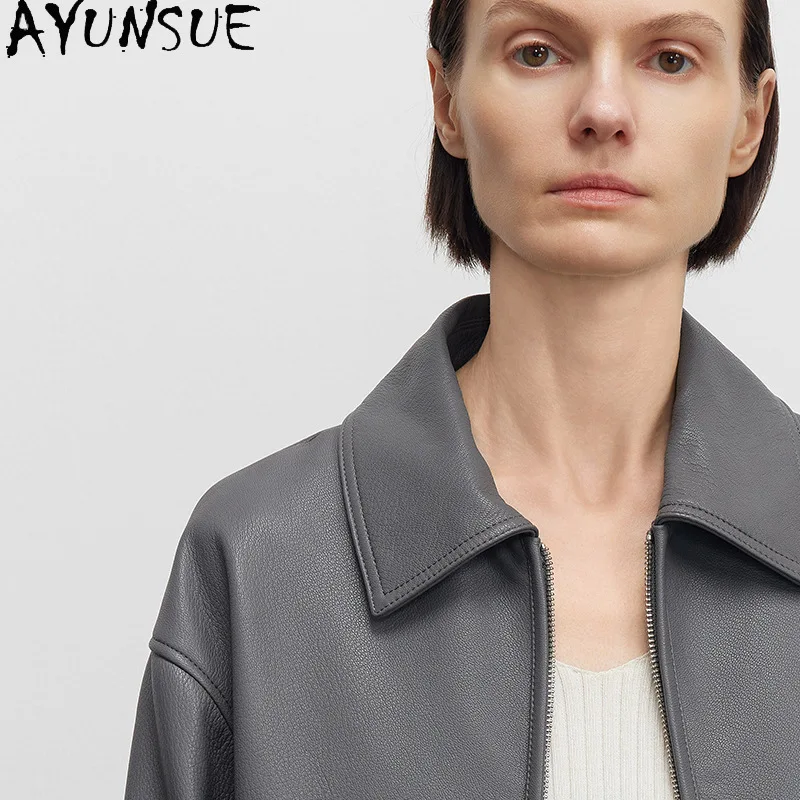 AYUNSUE リアルヤギ革本革ジャケット女性 2025 新スタイルレディースバイクジャケット春秋服 Косуха Женская
