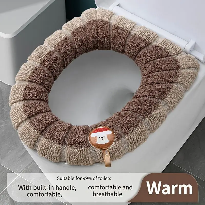 Color Block Portable Knitted Toilet Mat Thickened Washable Antifreeze Toilet Cover Thickened Knitted O Type Universal