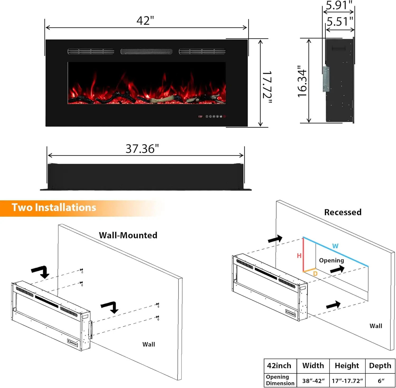 Fireplace 42 inch Wide, Wall Mounted Fireplace Inserts Electric Heater, 13 * 13 Flame Effects Like Real Flame, Low Nois