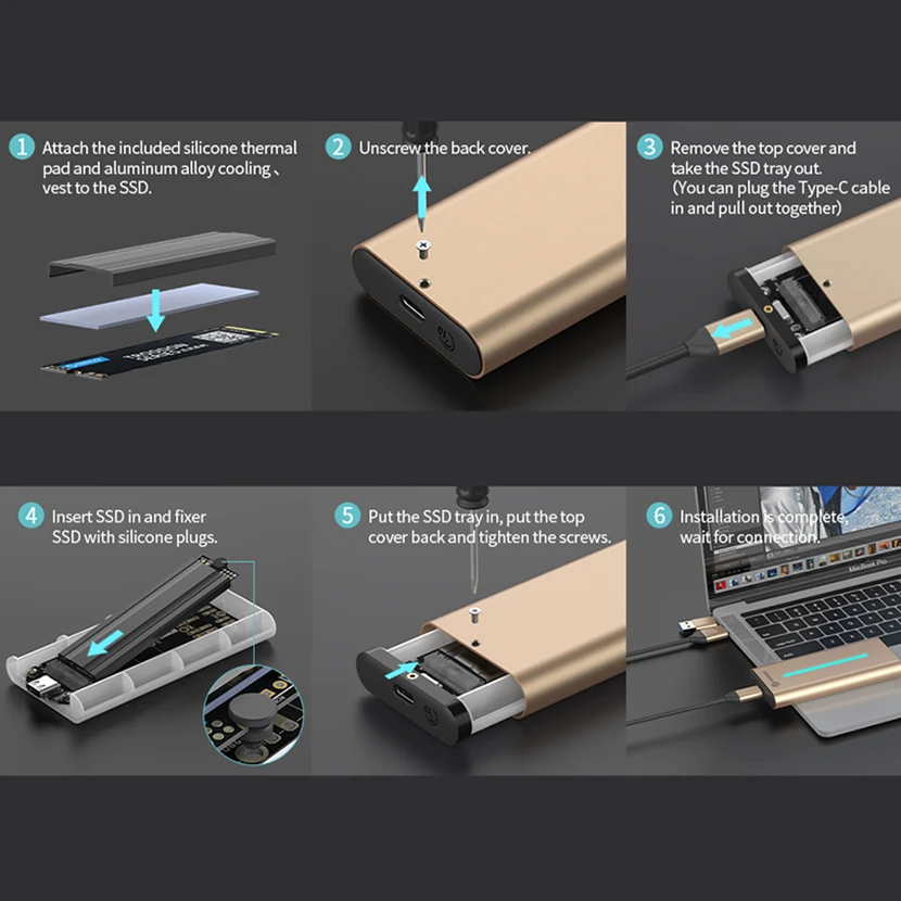 PHIXERO casing logam M2 Nvme, kotak penyimpanan penutup Hard Drive HD eksternal tipe-c USB 3.1 untuk Macbook PC Laptop Notebook