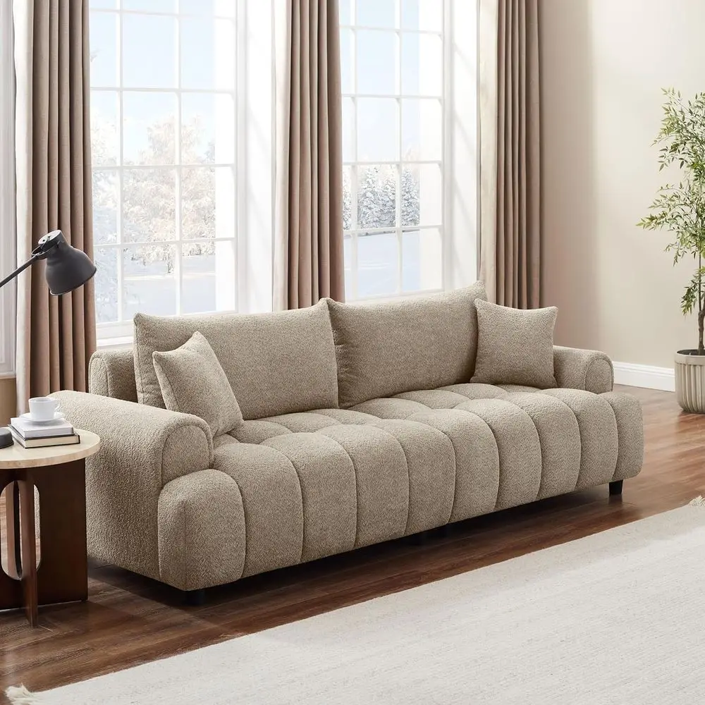 

Oversized 3-Seater Cloud Sofa with Pillows, Deep Seat Sherpa Couch for Living Room or Bedroom, Camel Color