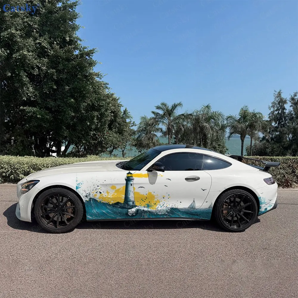 2pcs Fresh Sunset Ocean Lighthouse Car Side Wraps, Self-Adhesive PVC Waterproof & Scratch-Resistant Stickers, Car Accessory Gift
