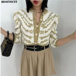 Stylish Beaded Knit Cardigan Women Sweater Crop Tops 2024 Spring Long Sleeve Metal Buttons Elegant Fashion Chic Ladies Jumpers