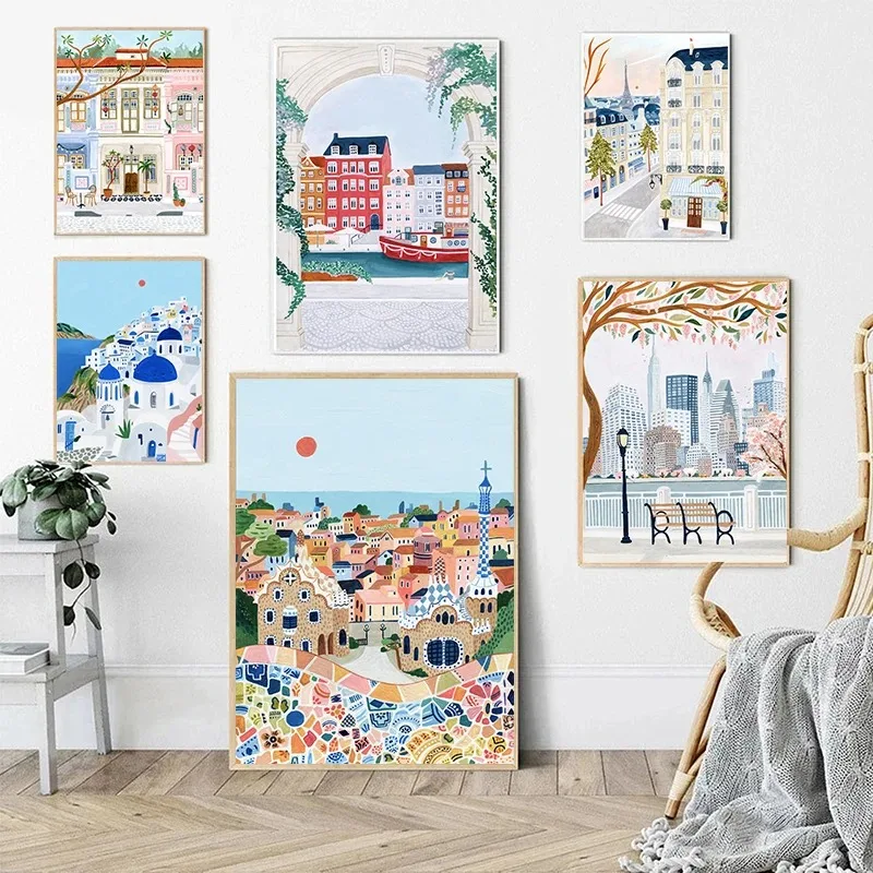 Travel Cities Poster Print Amsterdam Seville London Paris Canvas Painting Wall Art Picture Nordic Style Bedroom Home Decor