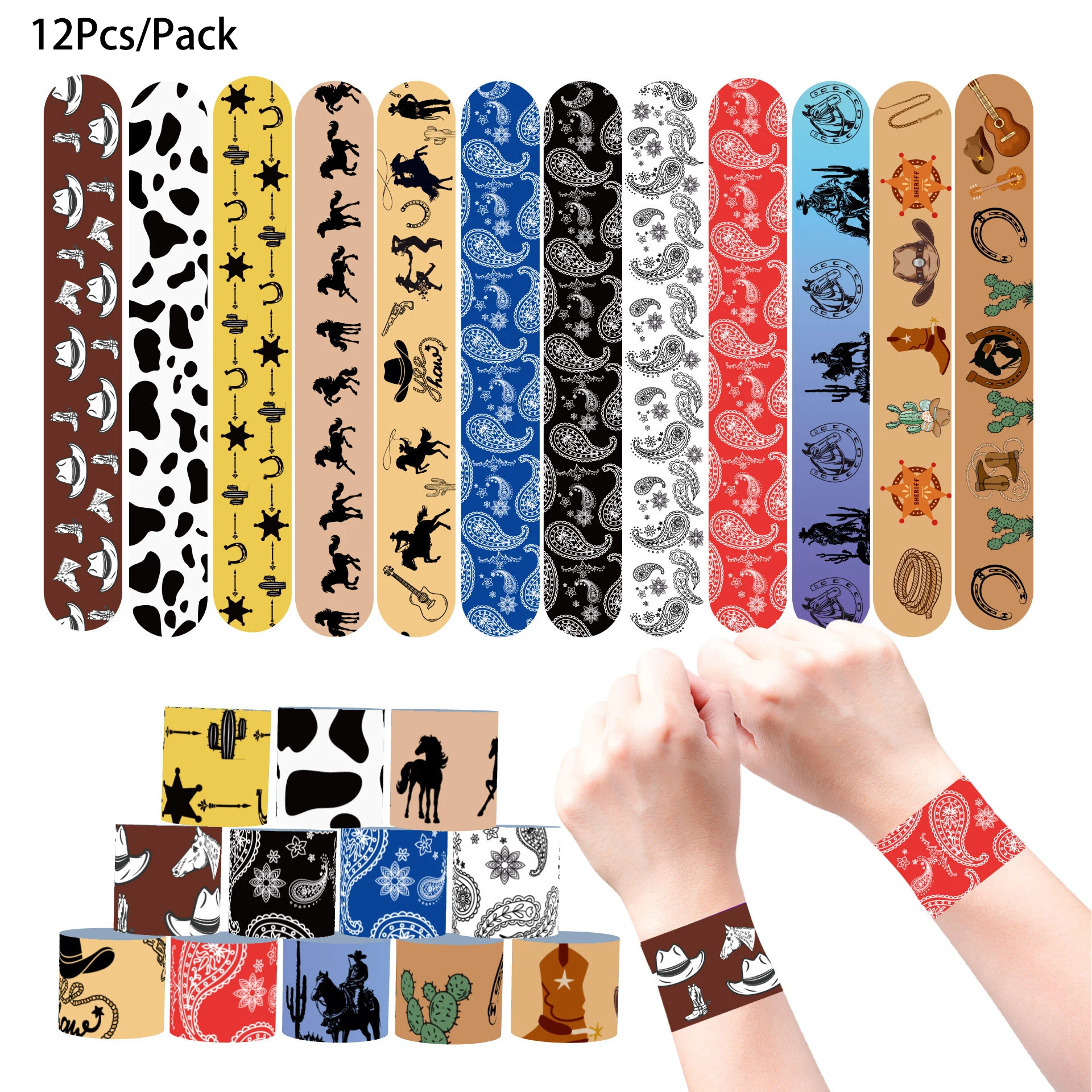 12 Uds. De pulseras de bofetada de caballo con tema de vaquera occidental, juguetes para niños, recuerdos de fiesta de cumpleaños, rellenos de piñata de boda y despedida de soltera
