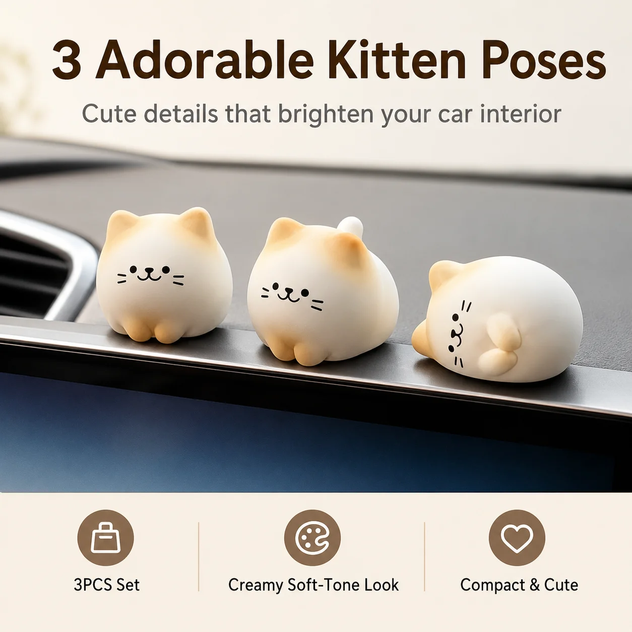 3Pcs Cute Cat Car Accessories Kitten Figurines Dashboard Decor Center Console Interior Ornament