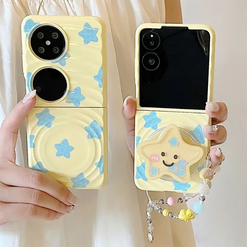 Magnetic Star Stand Phone Case With Bead Chain For Samsung Galaxy Z Flip6 Z Flip5 Huawei Pocket 2 Xiaomi Mix Flip Cute Cover