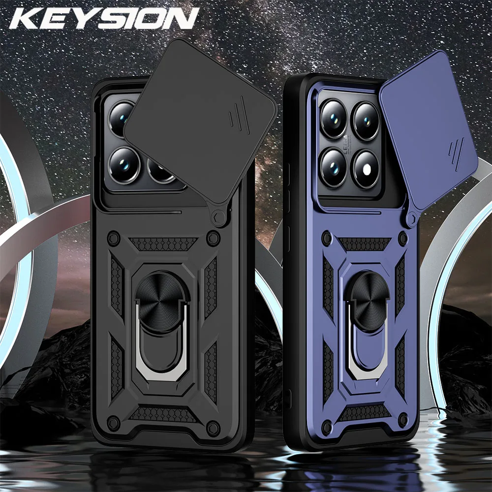 KEYSION Shockproof Armor Case for Xiaomi 14T Pro 5G Slide Camera Lens Protection Ring Stand Phone Cover for Xiaomi 14T 5G