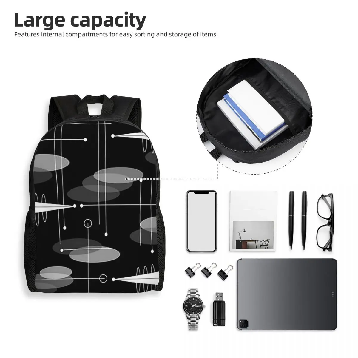 미드 센추리 원자 우주 시대 학생 배낭 학교 가방 소년을위한 하이킹 여행 데이 팟 소녀 패션 Bookbag 어깨 가방