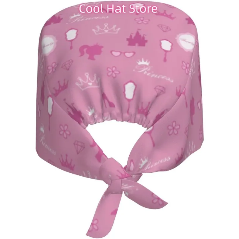 Pink Crown Working Cap Scrub Cap with Sweatband Adjustable Unisex Women Tie Back Hat Nurse Caps