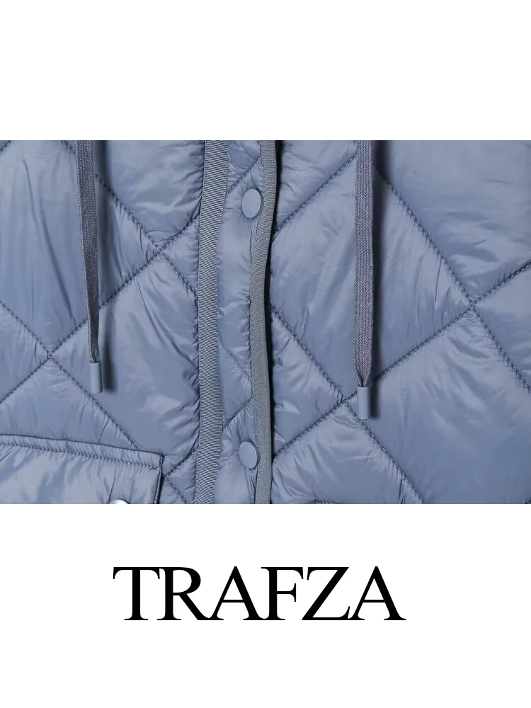 TRAFZA Women's Winter Fashion Long Zipper Hooded Padded Coat Female Elegant Pocket Warm Hidden Button Thick Casual Cotton Jacket