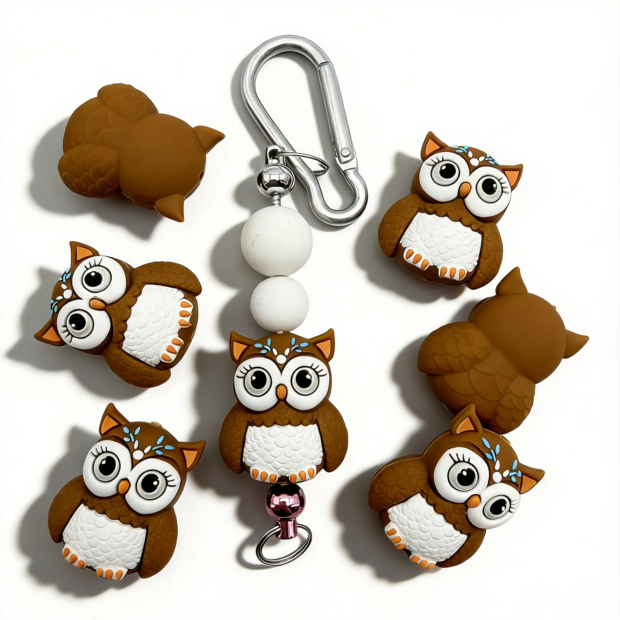 6Pcs New 3D Owl Silicone Focus Beads, Brown White Retro Forest Style, DIY Beads for Beaded Pen Bracelet Necklace Lanyard
