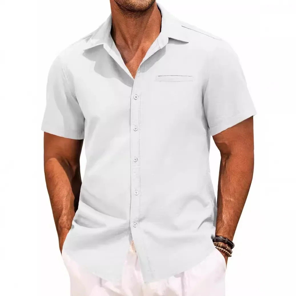 New Men's Shirt Button Short-sleeved Lapel Office Casual Top Fashion Simple Invisible Pocket Blouses