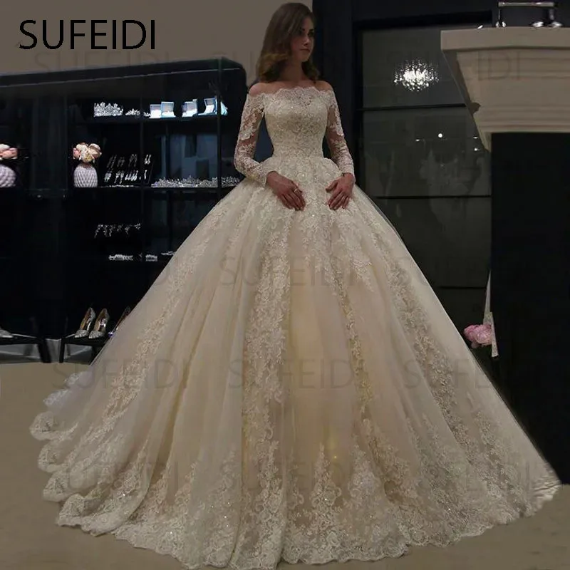 Luxury Ball Gown Lace Applique Wedding Dress 2024 Long Sleeve Wedding Gowns robe de mariee Boat Neck Beaded свадебное платье