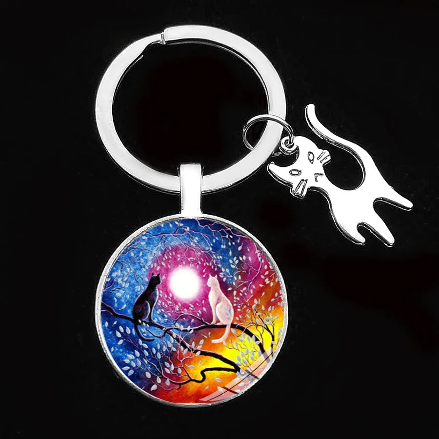 Cute Anime Cat Under Night Sky Keychain with Cat Pendent Fashion Animal Women Purse Bag Car Pendant Key Chain Ring Holder