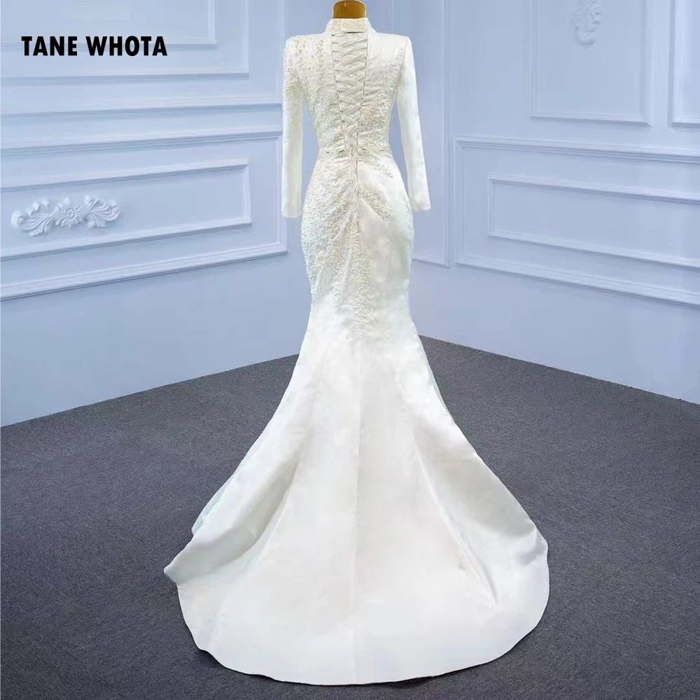 Abito da sposa musulmano con strascico staccabile Manica lunga alta con lacci sul retro Abito da sposa con perline Abito da sposa a tromba personalizzato